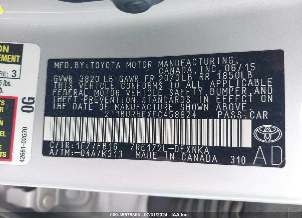 2015 TOYOTA COROLLA VIN: 2T1BURHEXFC458824