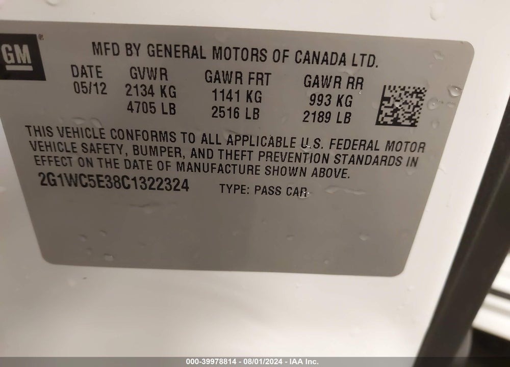 2012 CHEVROLET IMPALA LTZ VIN: 2G1WC5E38C1322324
