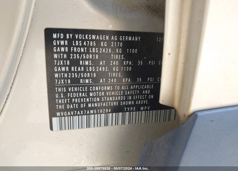2010 VOLKSWAGEN TIGUAN WOLFSBURG EDITION VIN: WVGAV7AX7AW516294