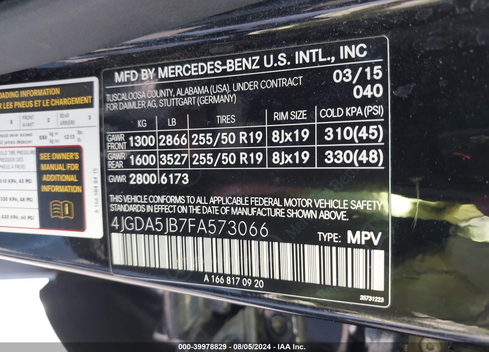 2015 MERCEDES-BENZ ML 350 VIN: 4JGDA5JB7FA573066