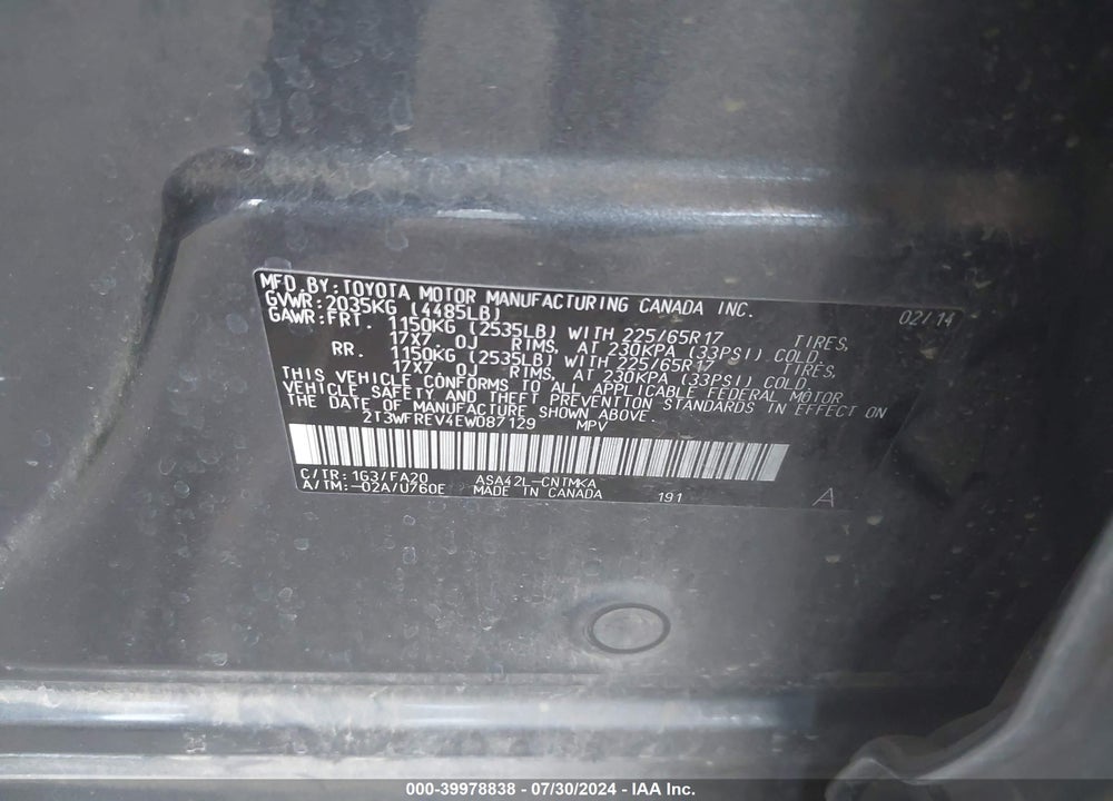 2014 TOYOTA RAV4 VIN: 2T3WFREV4EW087129