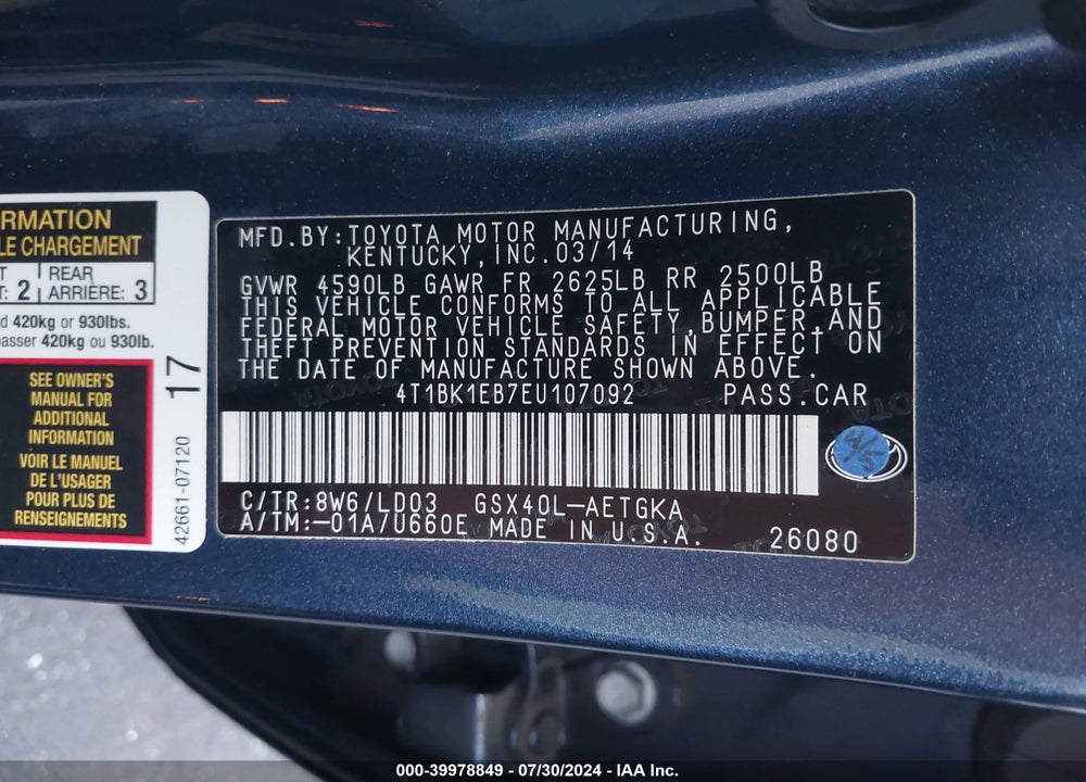 2014 TOYOTA AVALON LIMITED/XLE/XLE PREMIUM/XLE TOURING VIN: 4T1BK1EB7EU107092