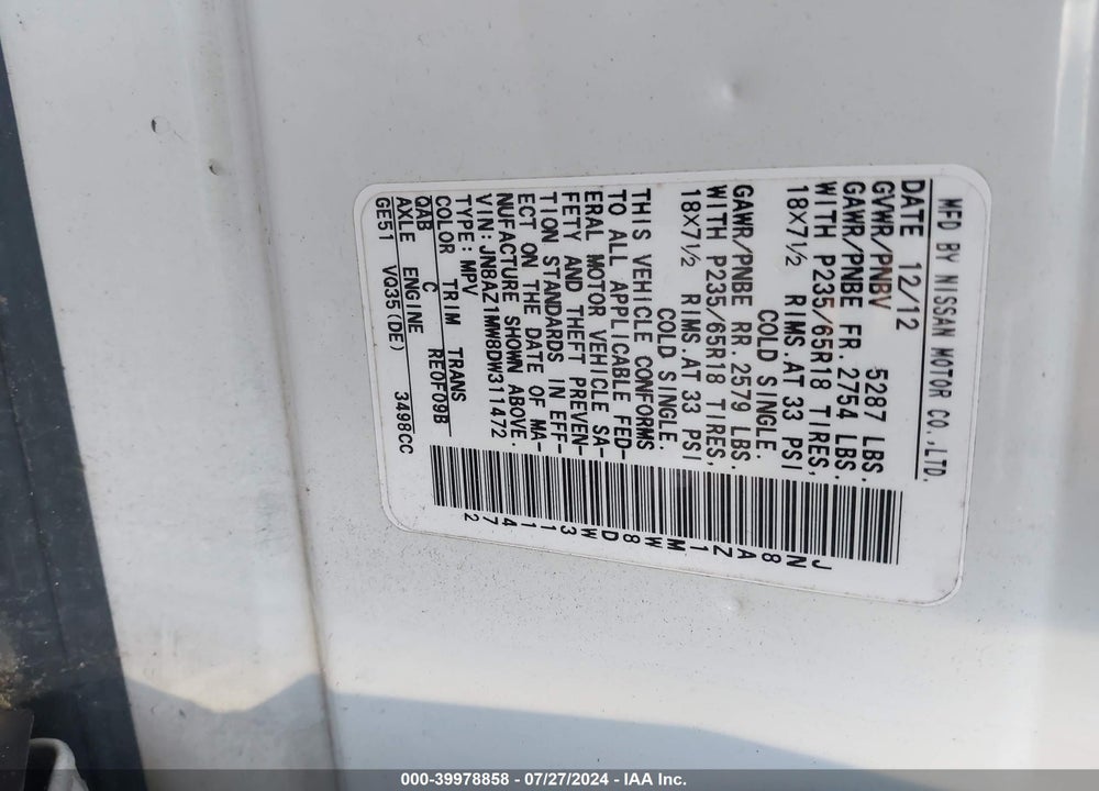 2013 NISSAN MURANO SL VIN: JN8AZ1MW8DW311472