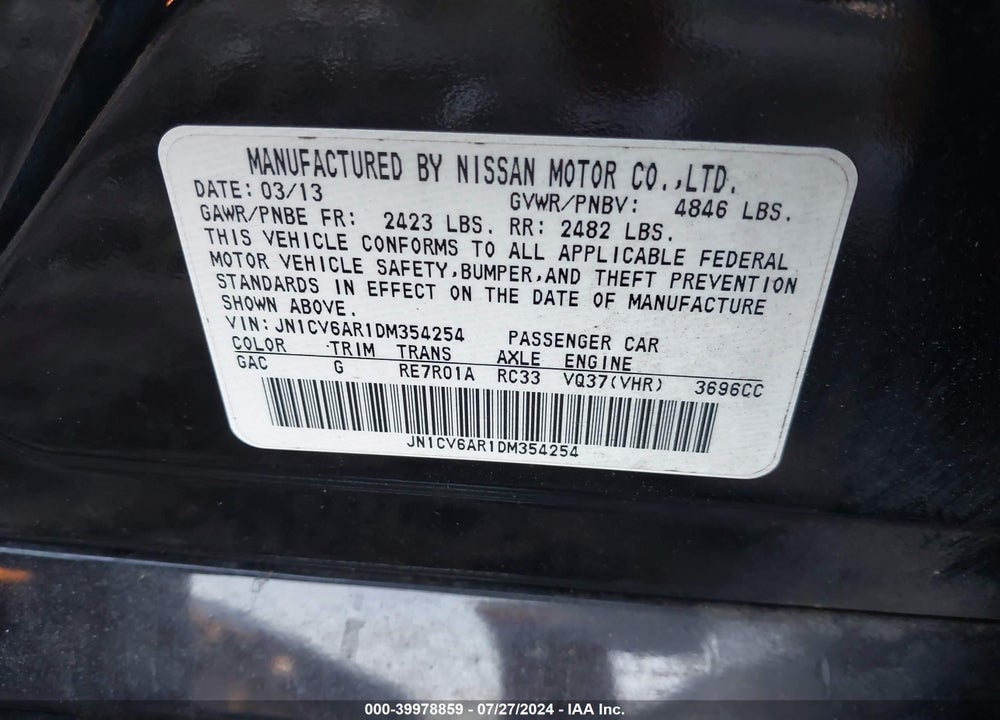 2013 INFINITI G37X VIN: JN1CV6AR1DM354254