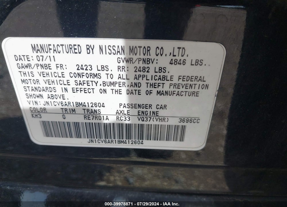 2011 INFINITI G37X VIN: JN1CV6AR1BM412604