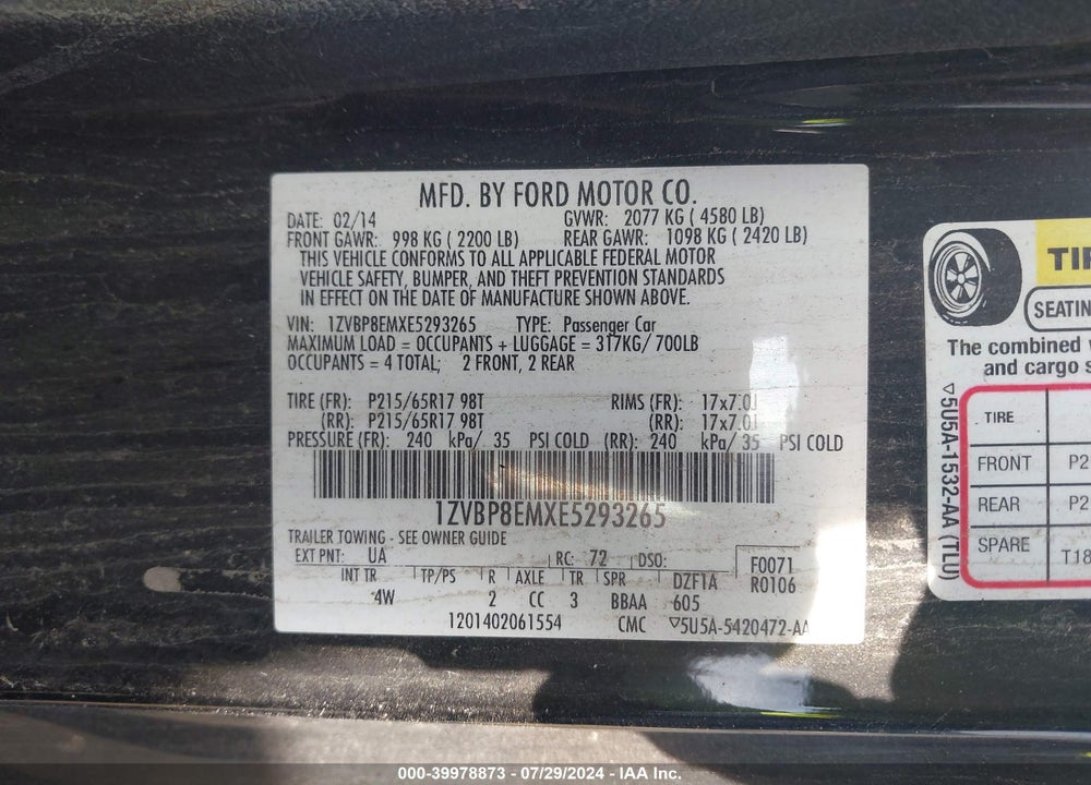 2014 FORD MUSTANG V6 PREMIUM VIN: 1ZVBP8EMXE5293265