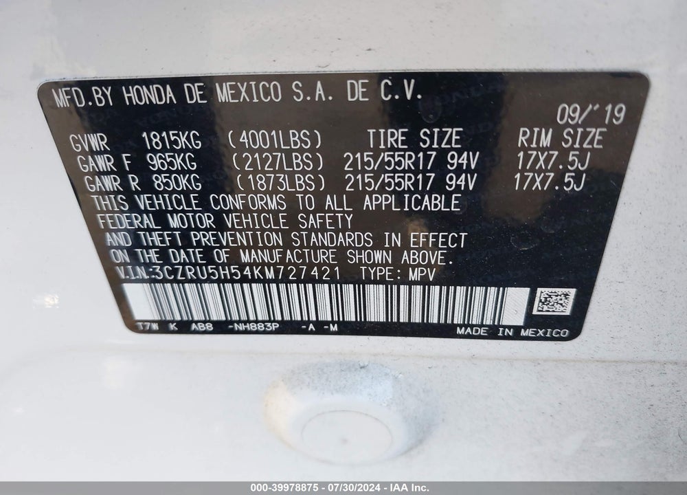 2019 HONDA HR-V EX VIN: 3CZRU5H54KM727421