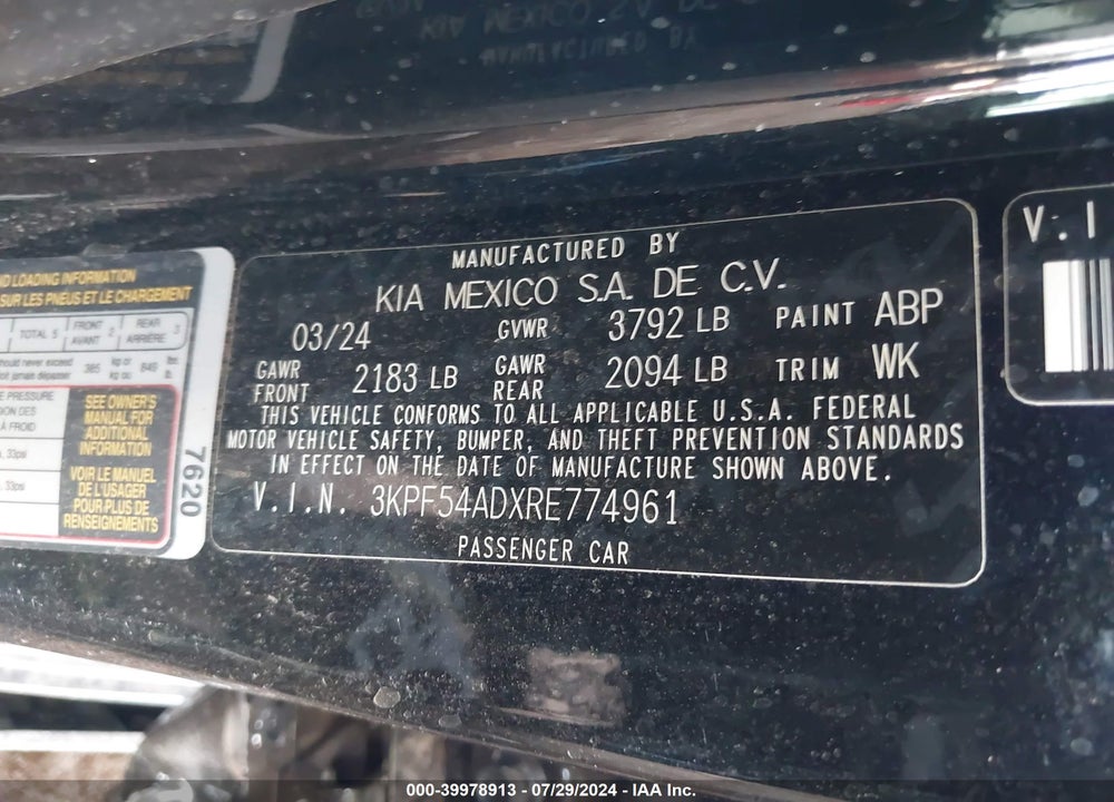 2024 KIA FORTE GT LINE VIN: 3KPF54ADXRE774961