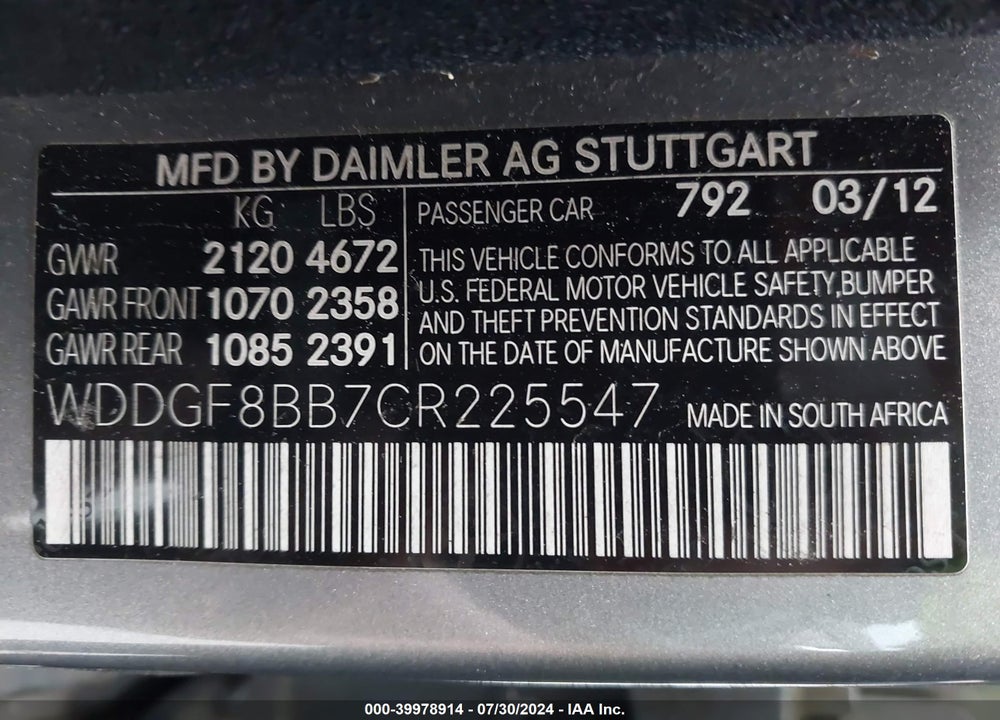 2012 MERCEDES-BENZ C 300 LUXURY 4MATIC/SPORT 4MATIC VIN: WDDGF8BB7CR225547