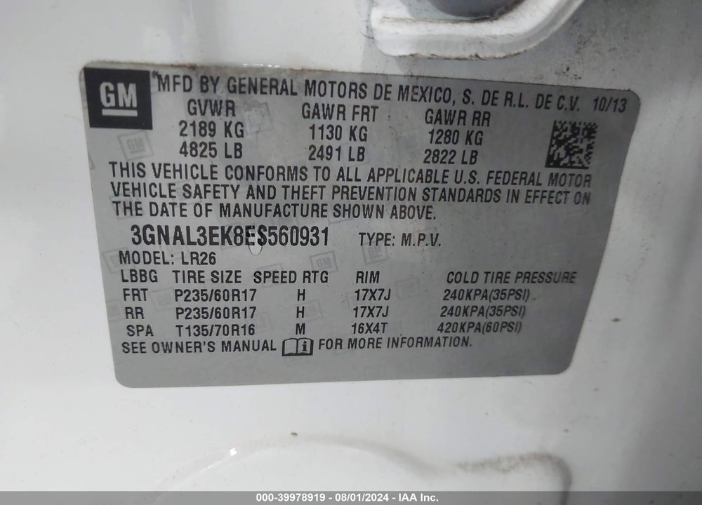2014 CHEVROLET CAPTIVA SPORT LT VIN: 3GNAL3EK8ES560931