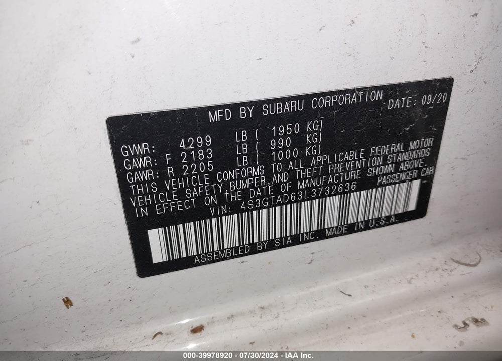 2020 SUBARU IMPREZA PREMIUM 5-DOOR VIN: 4S3GTAD63L3732636