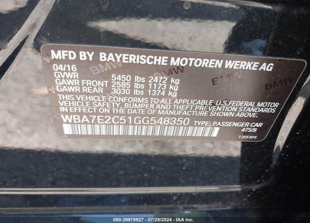 2016 BMW 740I VIN: WBA7E2C51GG548350