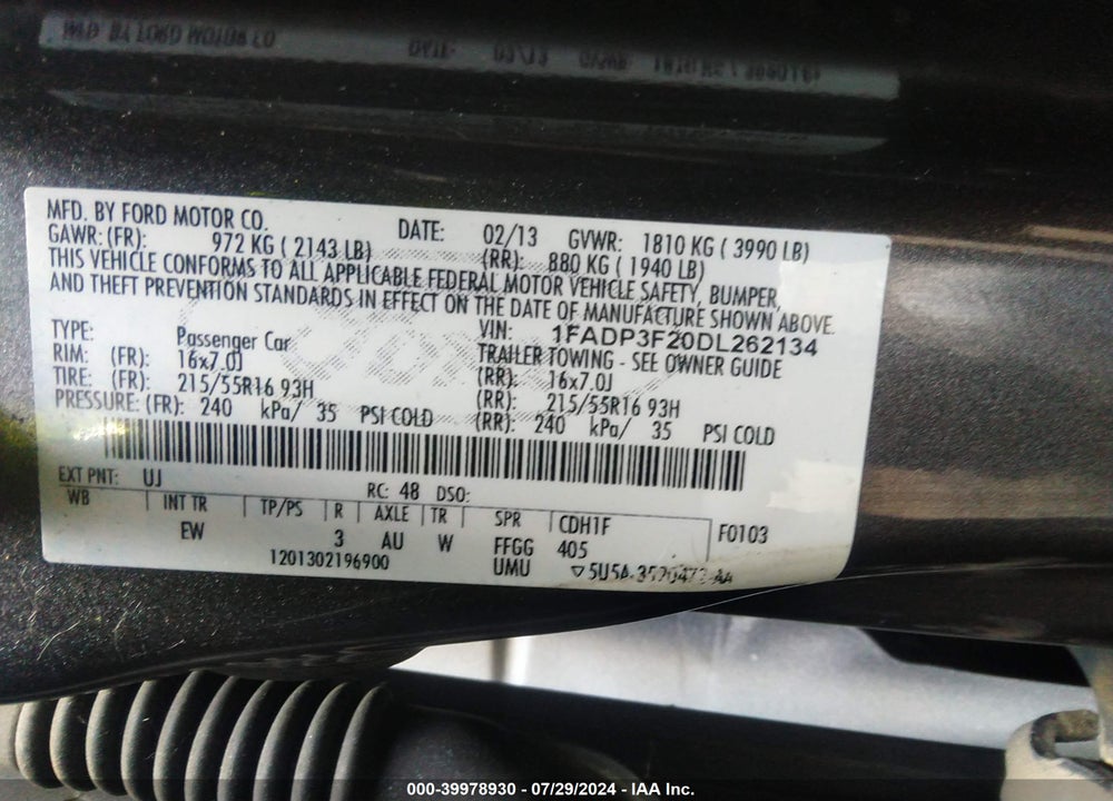 2013 FORD FOCUS SE VIN: 1FADP3F20DL262134