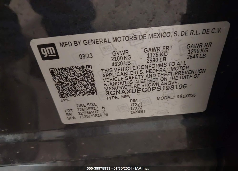 2023 CHEVROLET EQUINOX AWD LT VIN: 3GNAXUEG0PS198196