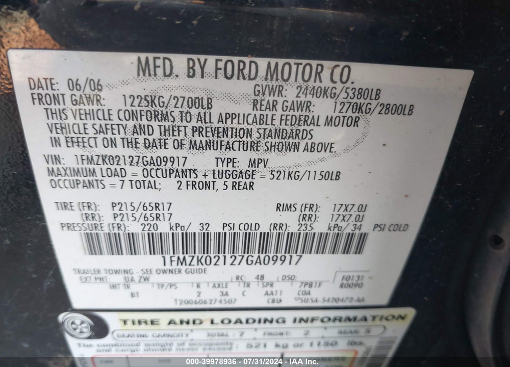 2007 FORD FREESTYLE SEL VIN: 1FMZK02127GA09917