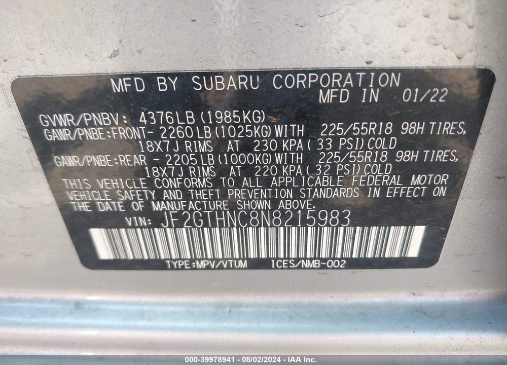 2022 SUBARU CROSSTREK LIMITED VIN: JF2GTHNC8N8215983