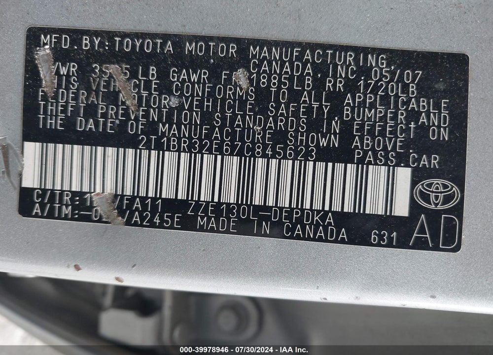 2007 TOYOTA COROLLA VIN: 2T1BR32E67C845623
