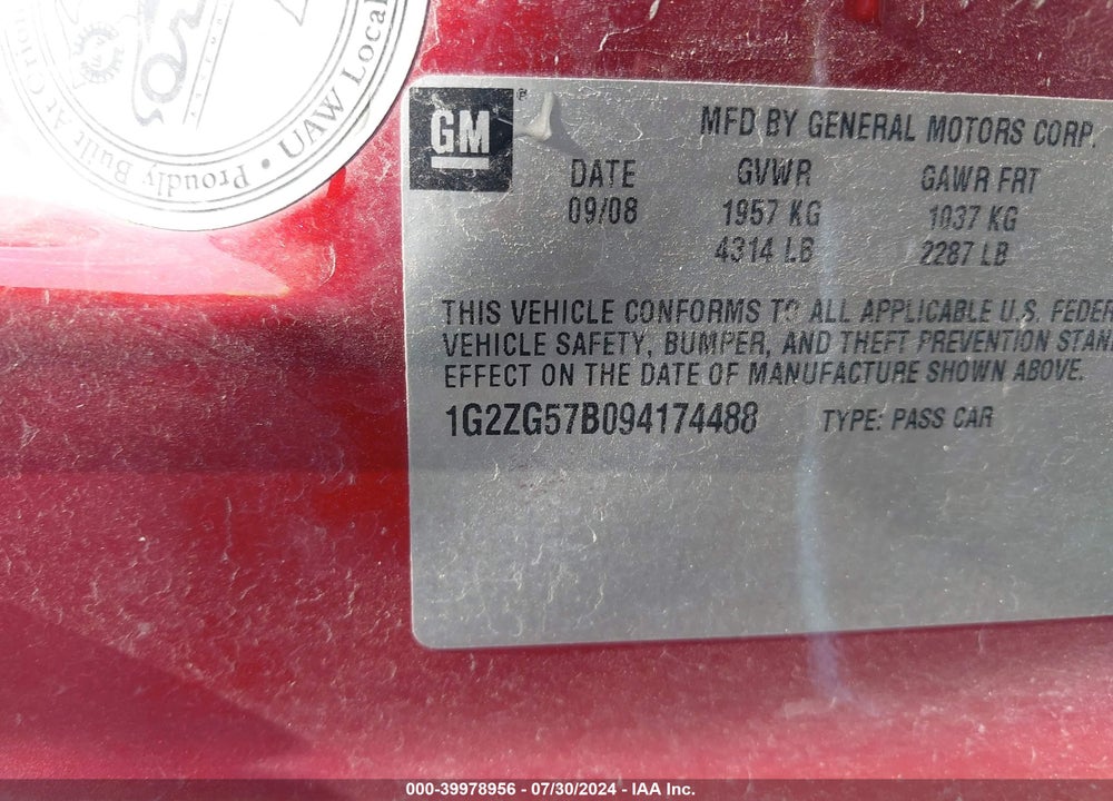 2009 PONTIAC G6 VIN: 1G2ZG57B094174488