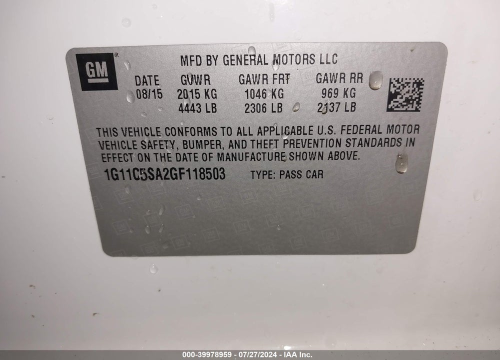 2016 CHEVROLET MALIBU LIMITED LT VIN: 1G11C5SA2GF118503