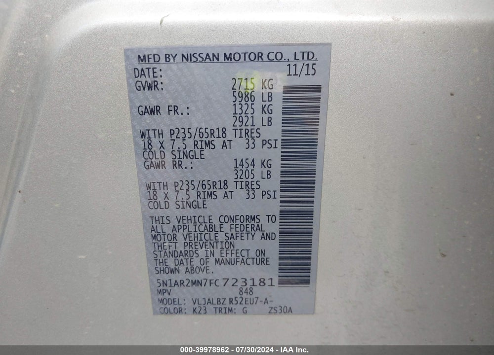 2015 NISSAN PATHFINDER S VIN: 5N1AR2MN7FC723181