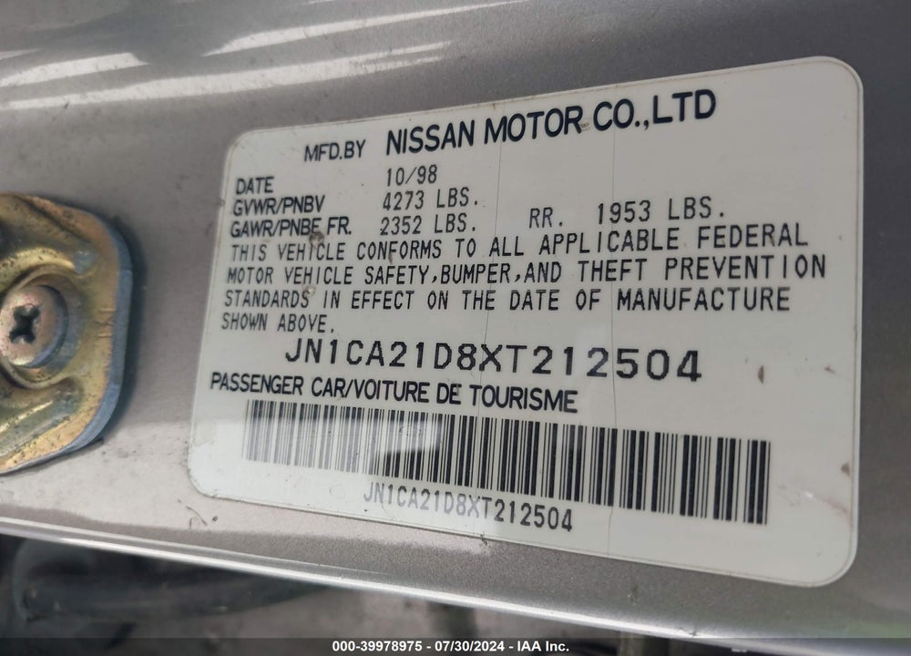 1999 NISSAN MAXIMA GLE/GXE/SE/SE-L VIN: JN1CA21D8XT212504
