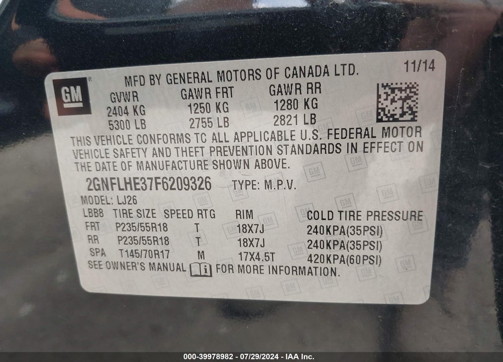 2015 CHEVROLET EQUINOX LTZ VIN: 2GNFLHE37F6209326