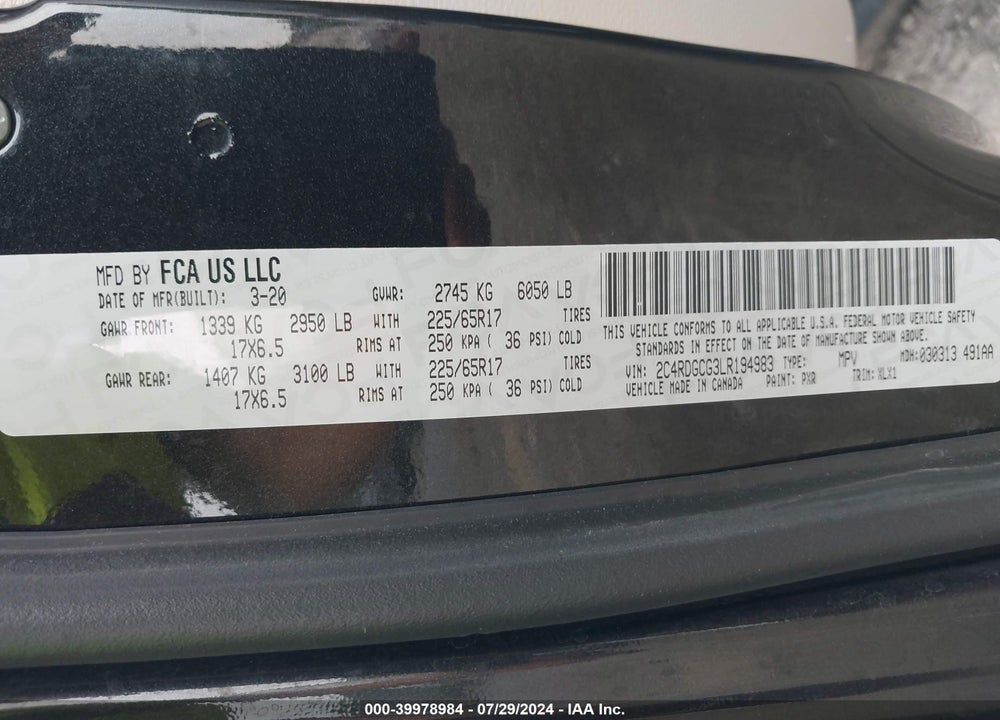 2020 DODGE GRAND CARAVAN SXT VIN: 2C4RDGCG3LR194983