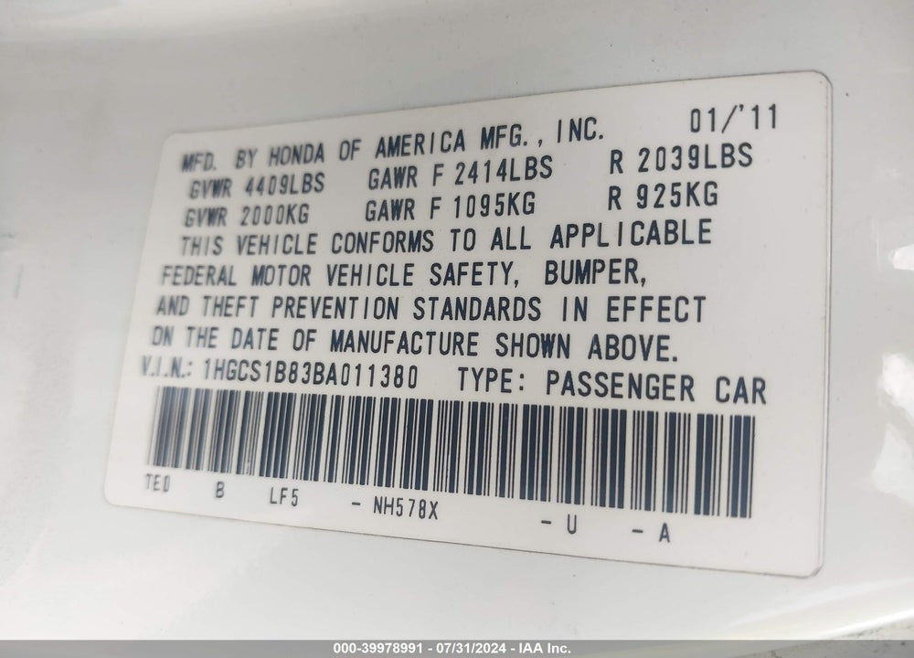 2011 HONDA ACCORD 2.4 EX-L VIN: 1HGCS1B83BA011380