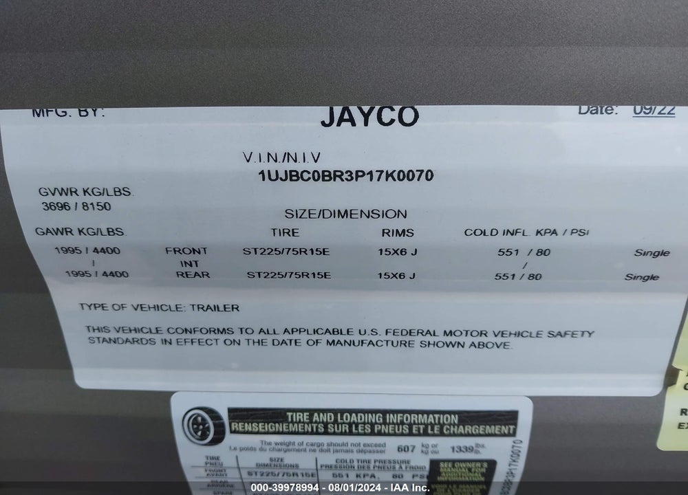 2023 JAYCO JAY FLIGHT 280RKS VIN: 1UJBC0BR3P17K0070