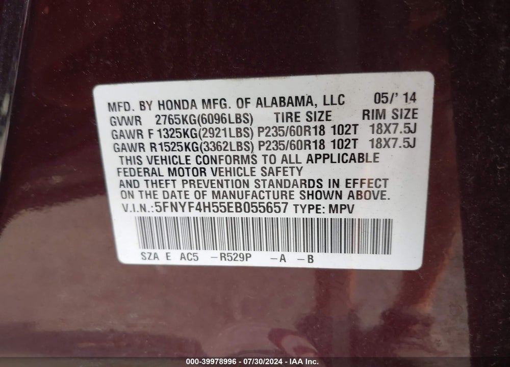 2014 HONDA PILOT EX-L VIN: 5FNYF4H55EB055657