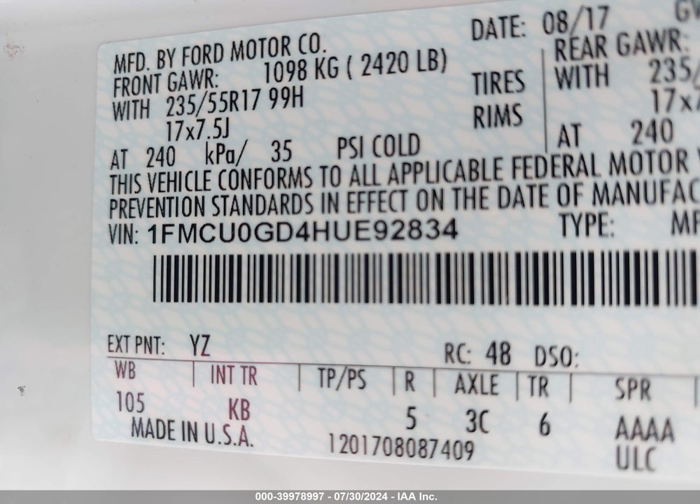 2017 FORD ESCAPE SE VIN: 1FMCU0GD4HUE92834