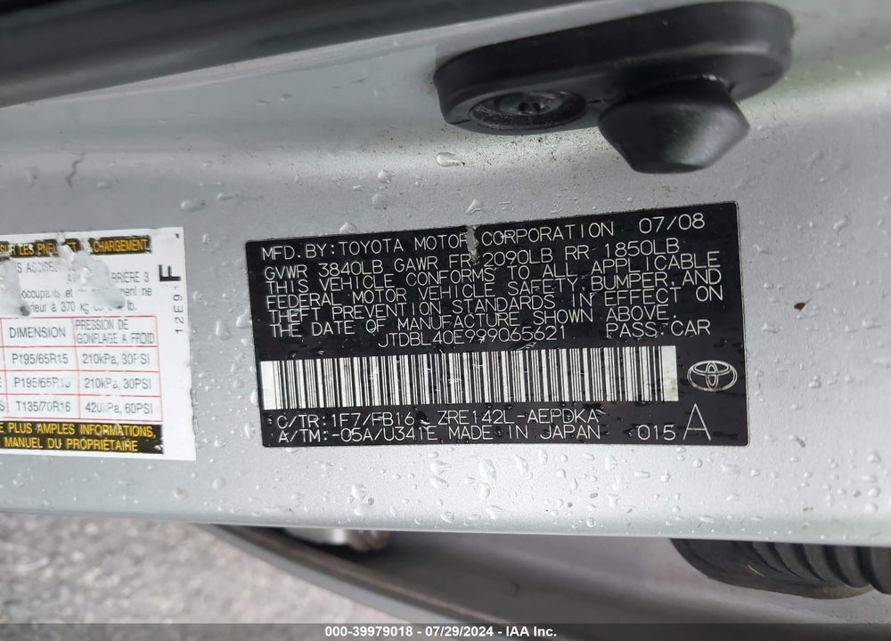 2009 TOYOTA COROLLA VIN: JTDBL40E999065621