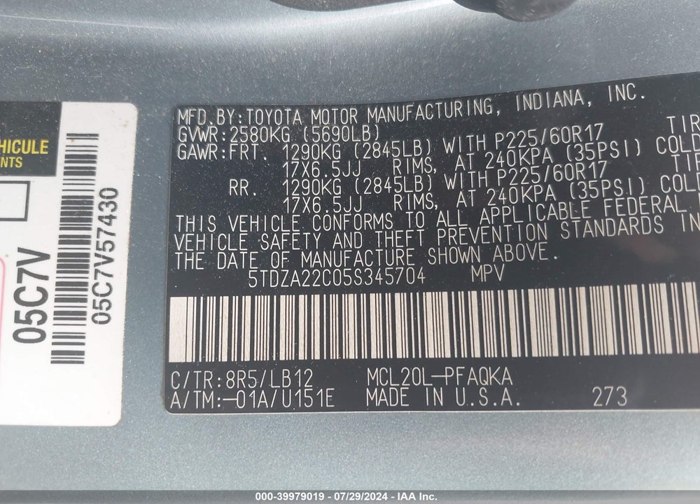 2005 TOYOTA SIENNA XLE VIN: 5TDZA22C05S345704