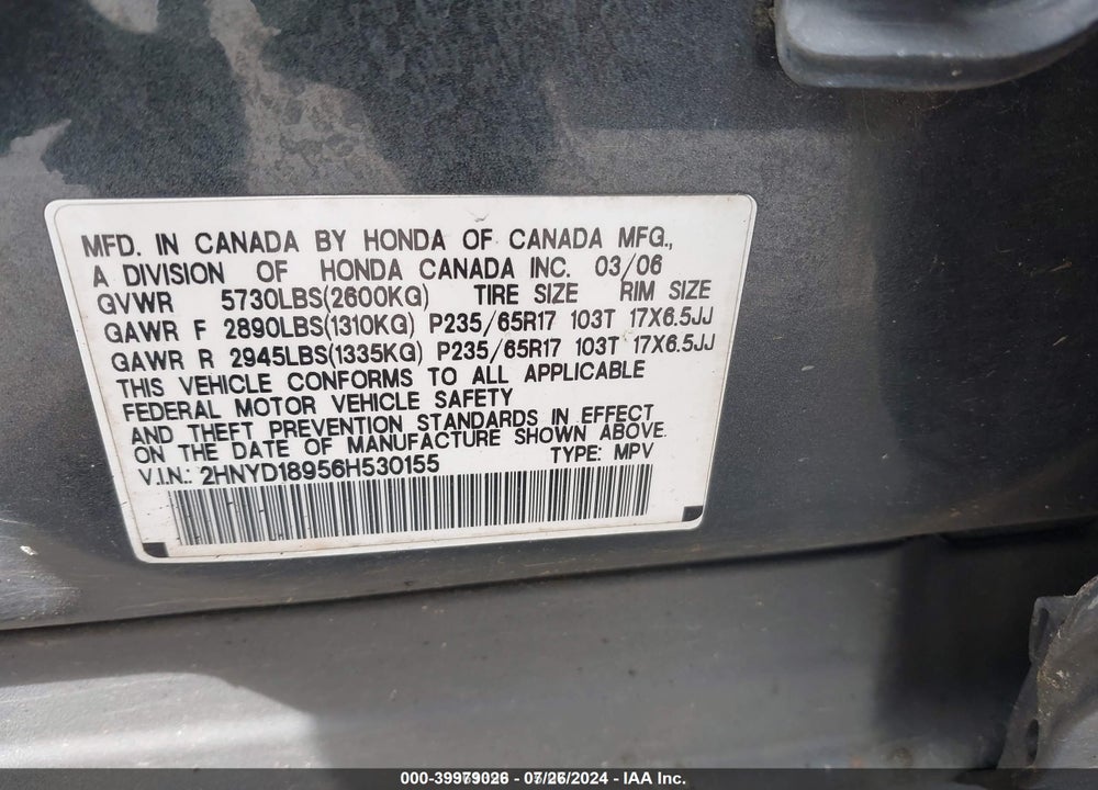 2006 ACURA MDX VIN: 2HNYD18956H530155