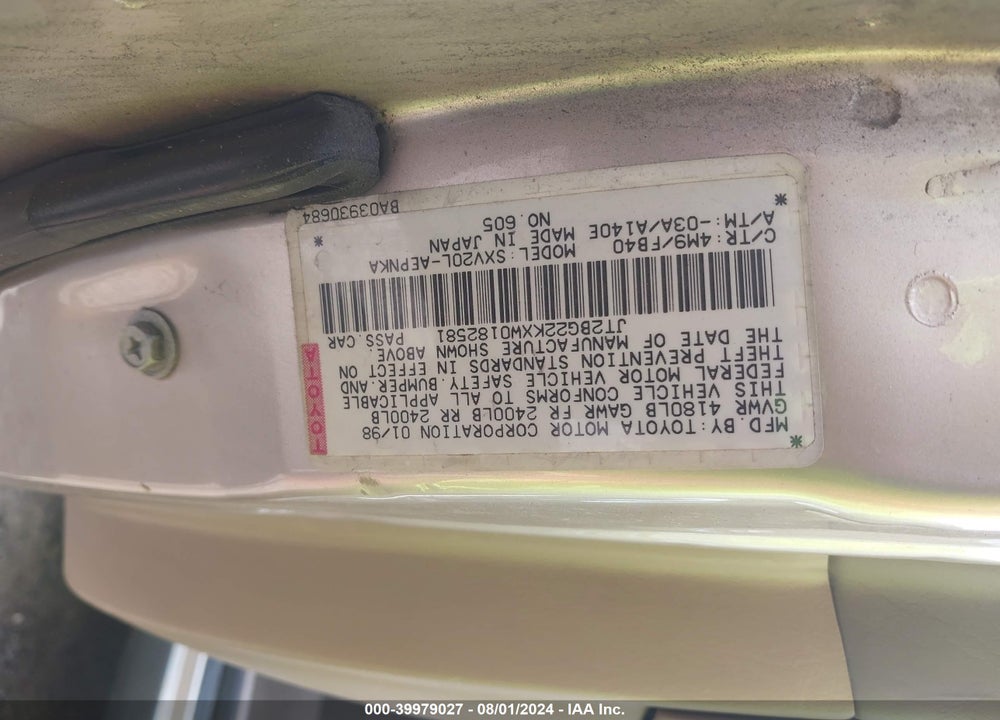 1998 TOYOTA CAMRY LE VIN: JT2BG22KXW0182581