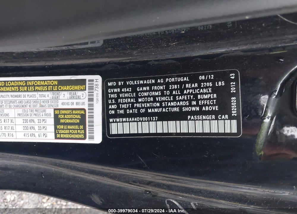 2013 VOLKSWAGEN EOS KOMFORT/SPORT VIN: WVWBW8AH4DV001137