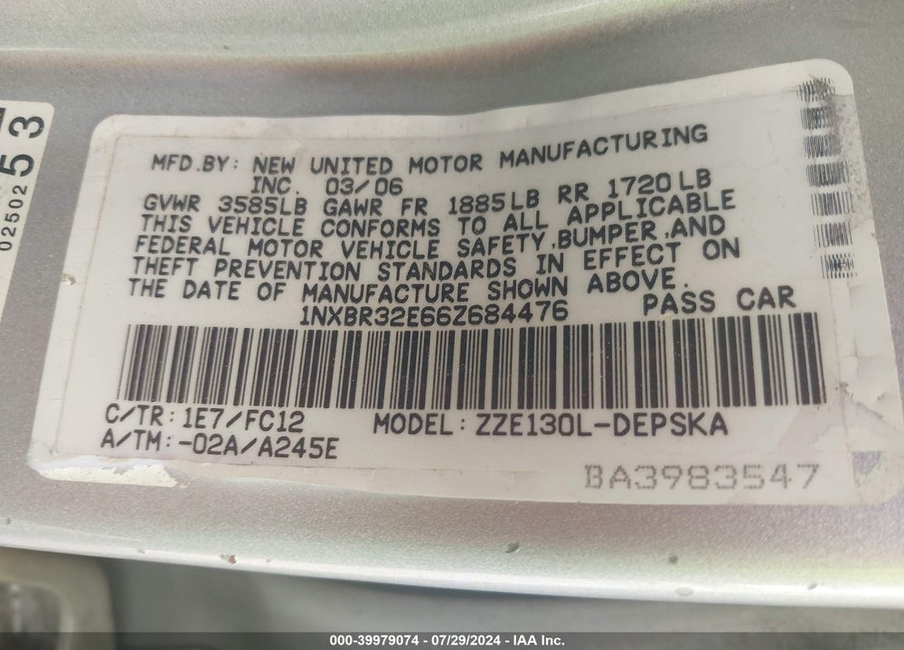 2006 TOYOTA COROLLA S VIN: 1NXBR32E66Z684476