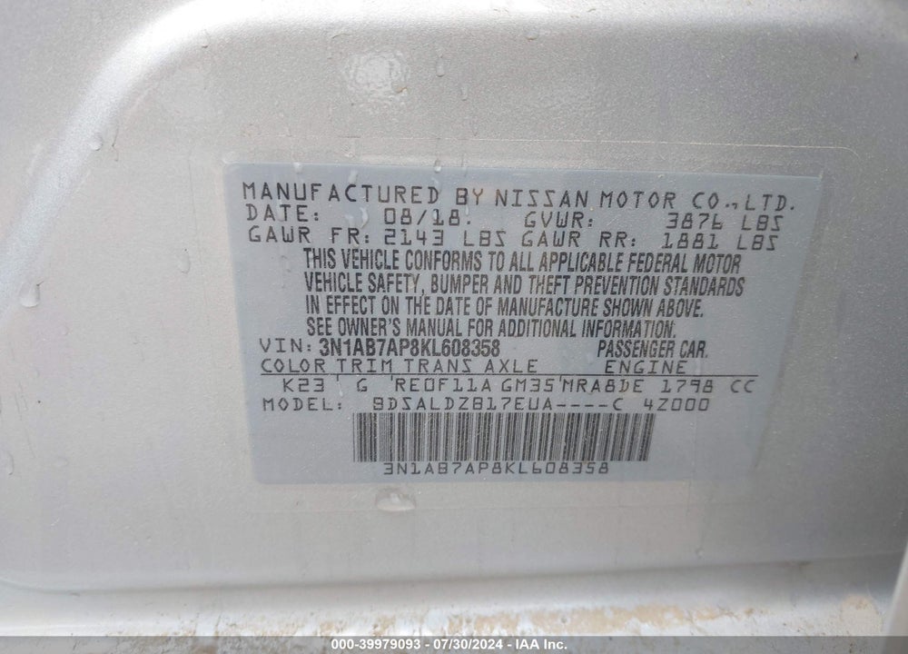 2019 NISSAN SENTRA SV VIN: 3N1AB7AP8KL608358