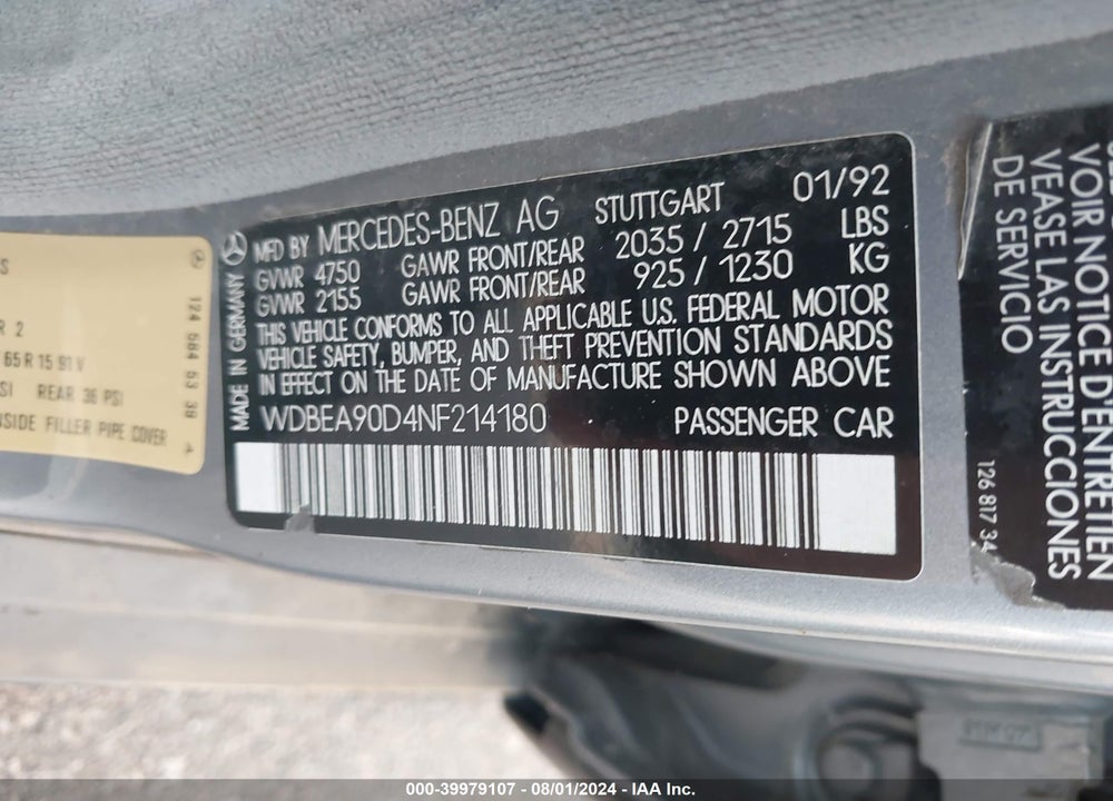 1992 MERCEDES-BENZ 300 TE VIN: WDBEA90D4NF214180