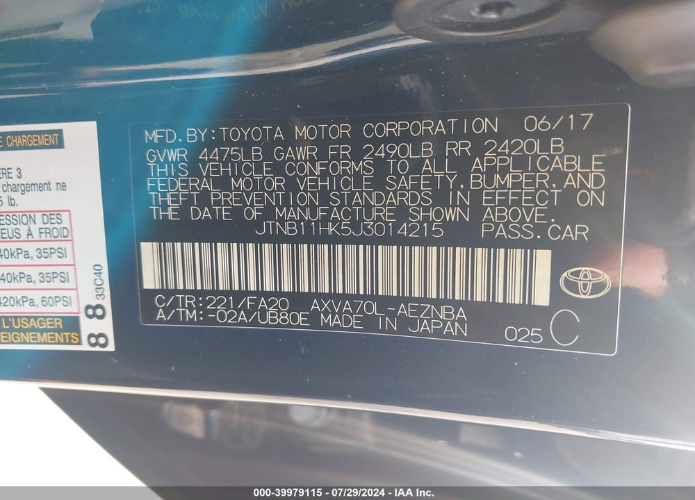 2018 TOYOTA CAMRY LE VIN: JTNB11HK5J3014215