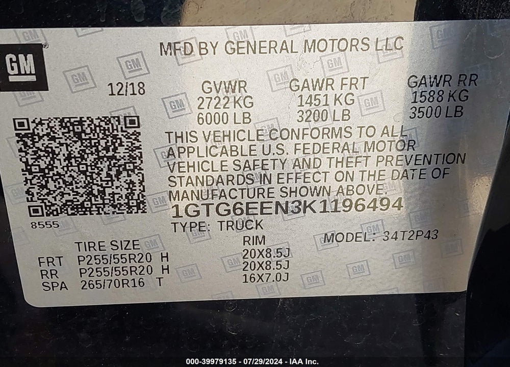 2019 GMC CANYON DENALI VIN: 1GTG6EEN3K1196494