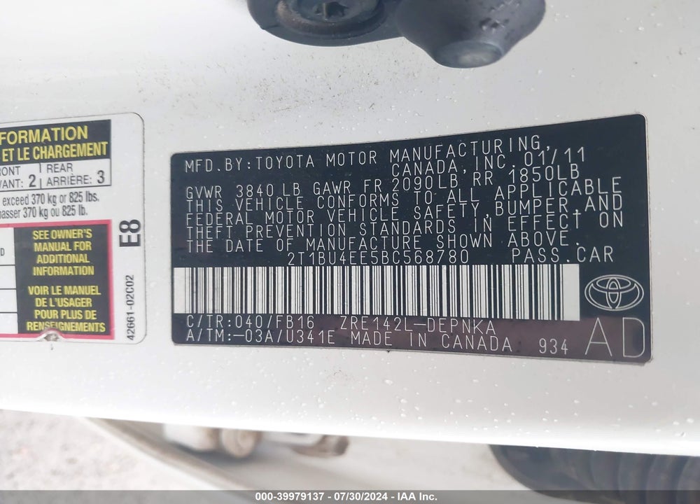 2011 TOYOTA COROLLA LE VIN: 2T1BU4EE5BC568780