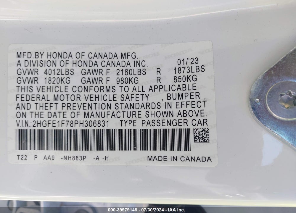 2023 HONDA CIVIC EX /EX W/O BSI VIN: 2HGFE1F78PH306831