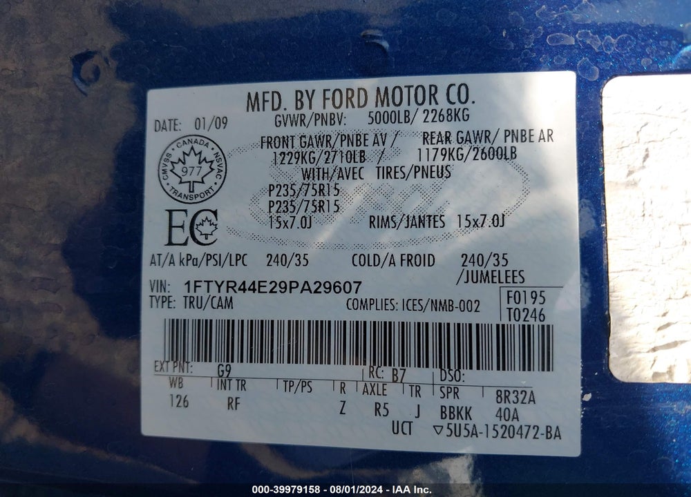 2009 FORD RANGER SPORT/XLT VIN: 1FTYR44E29PA29607