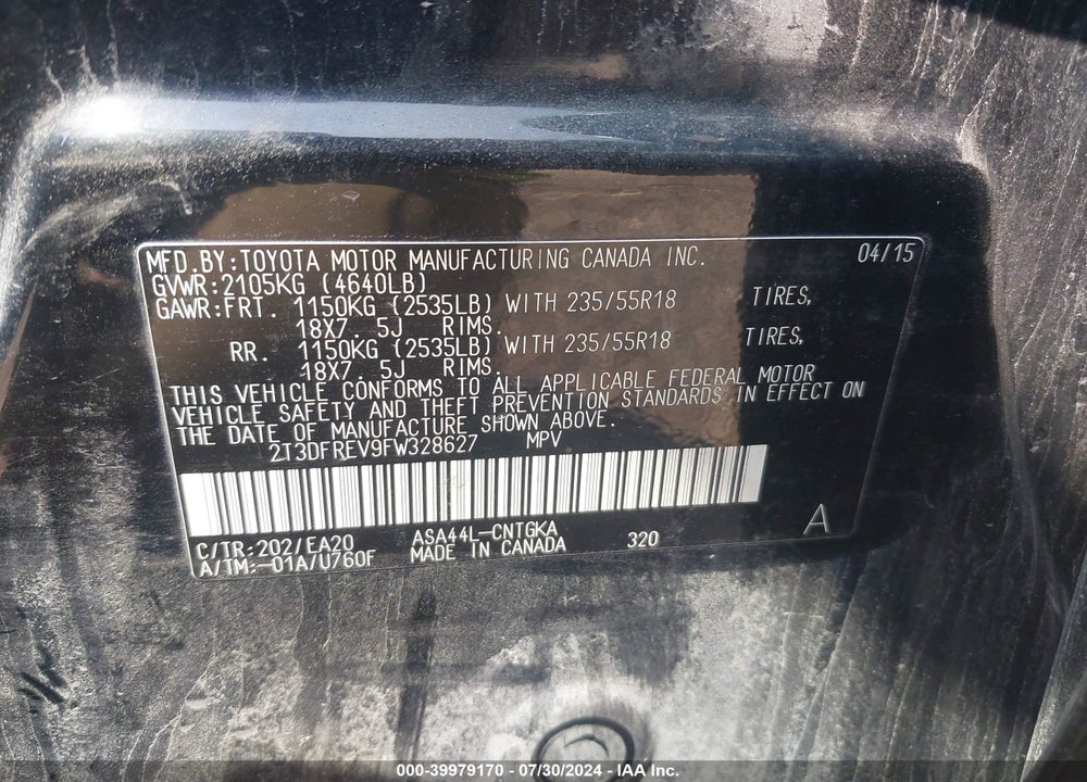 2015 TOYOTA RAV4 LIMITED VIN: 2T3DFREV9FW328627