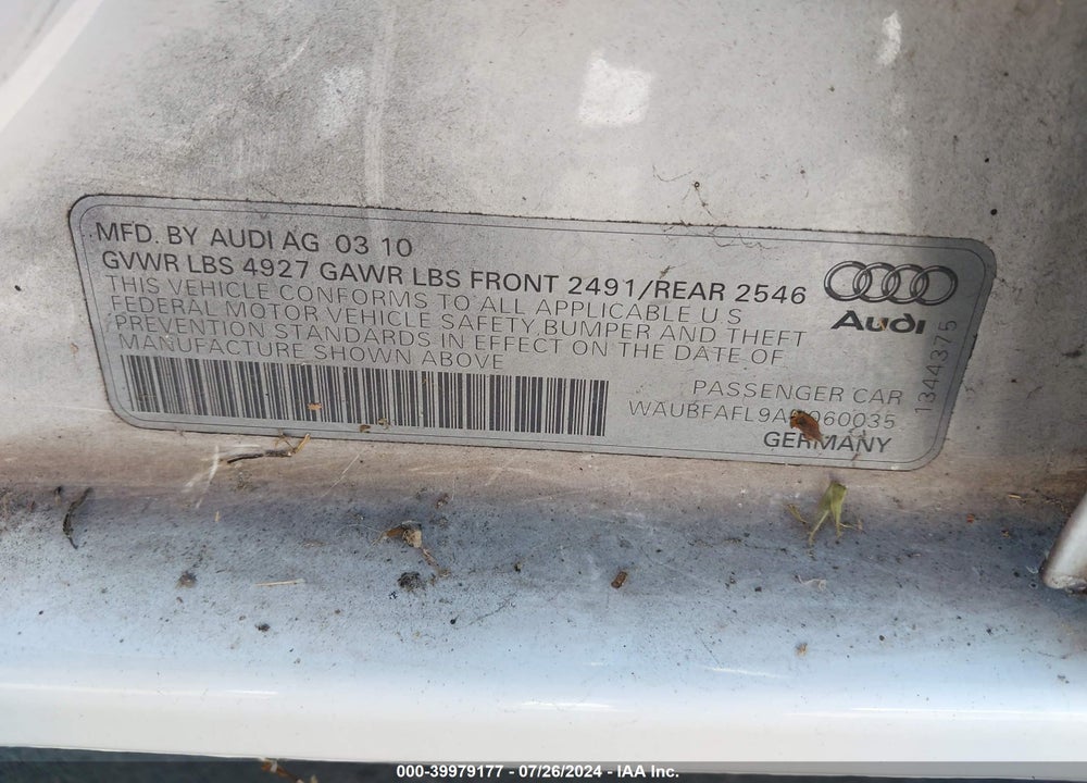 2010 AUDI A4 2.0T PREMIUM VIN: WAUBFAFL9AN060035