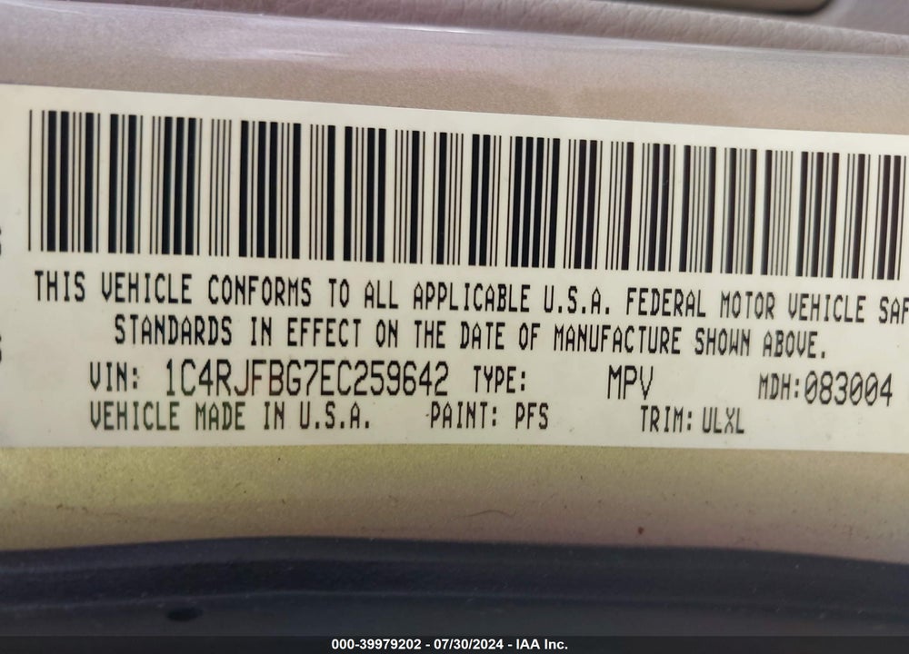 2014 JEEP GRAND CHEROKEE LIMITED VIN: 1C4RJFBG7EC259642