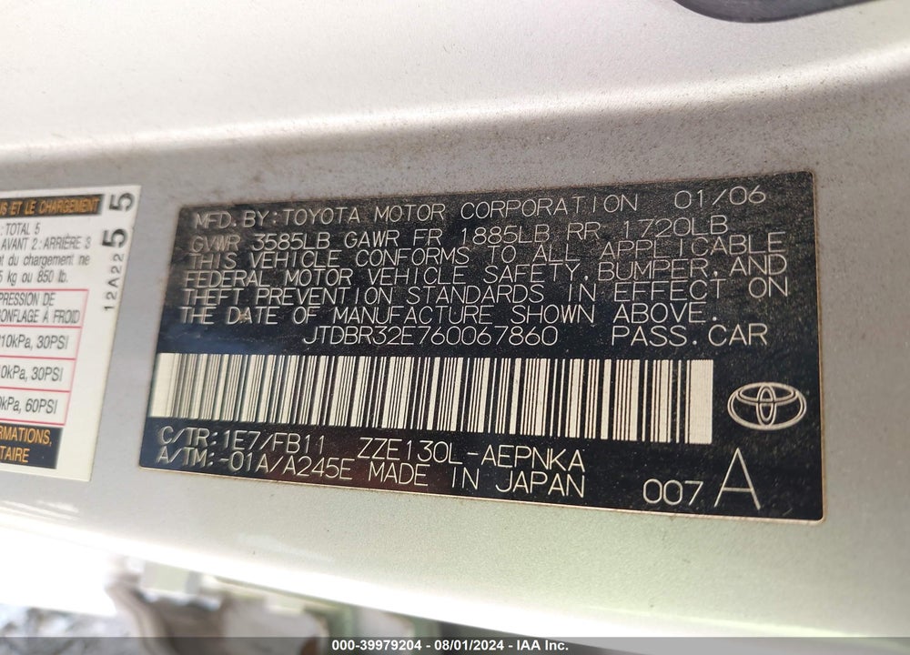 2006 TOYOTA COROLLA LE VIN: JTDBR32E760067860