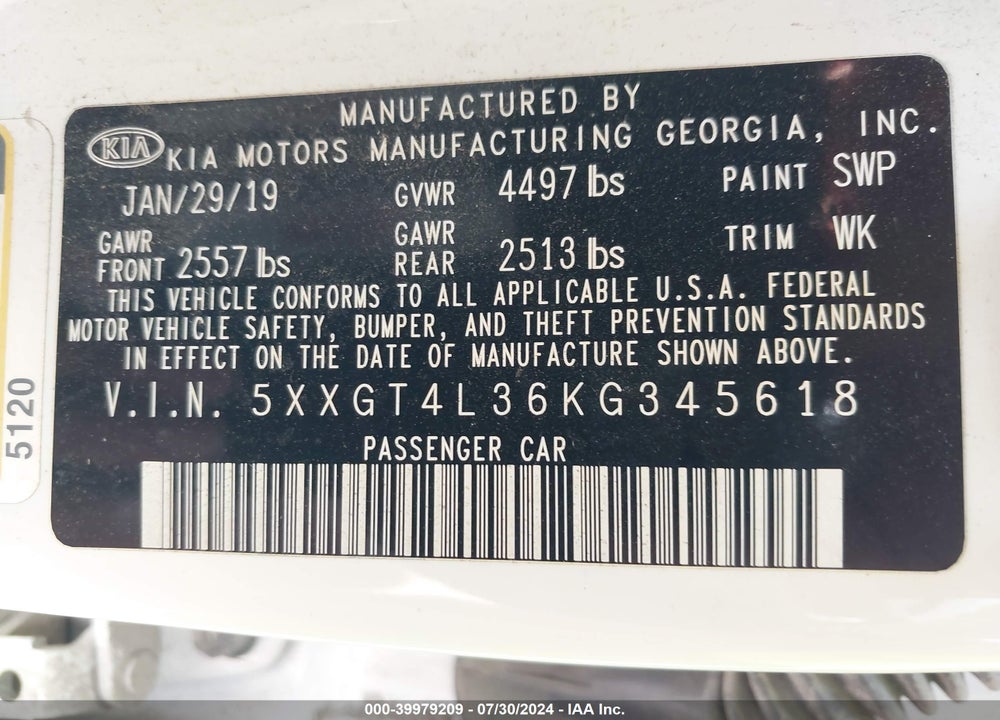 2019 KIA OPTIMA LX VIN: 5XXGT4L36KG345618
