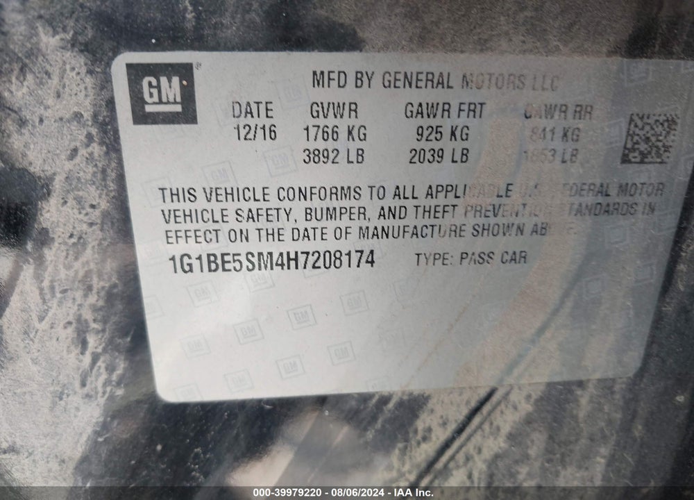 2017 CHEVROLET CRUZE VIN: 1G1BE5SM4H7208174